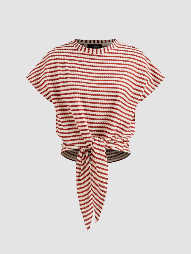 Round Neckline Striped Knotted Short Sleeve Tee Product Image