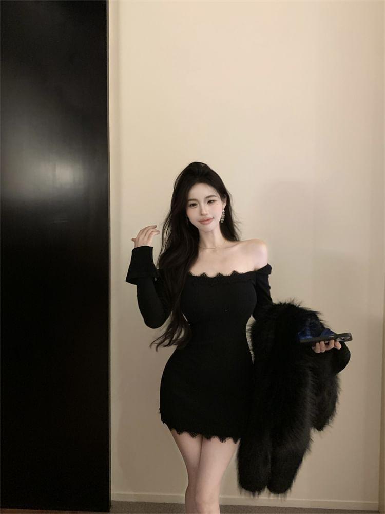 Long-Sleeve Off-Shoulder Plain Lace Panel Mini Bodycon Dress Product Image