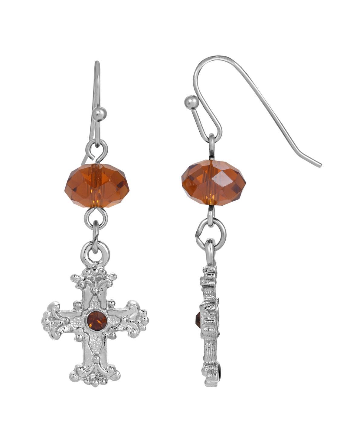 Silver-Tone Brown Crystal Cross Drop Earrings Product Image