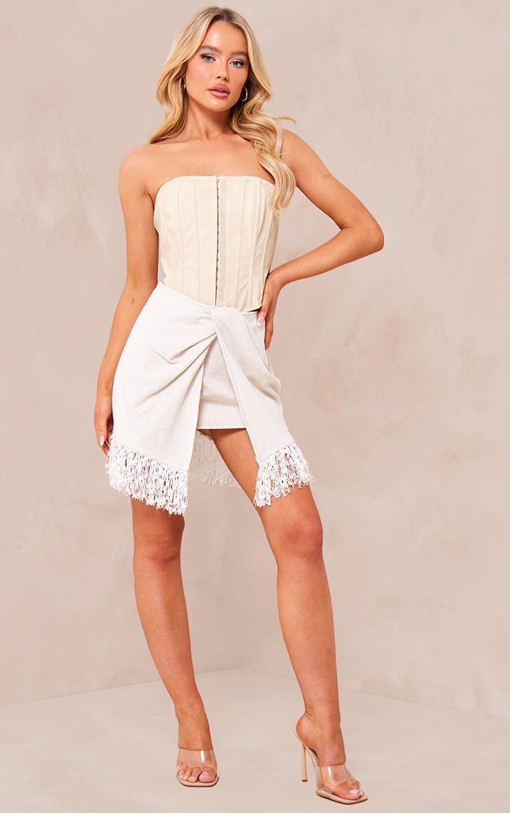 White Boucle Tassel Hem Drape Front Mini Skirt Product Image