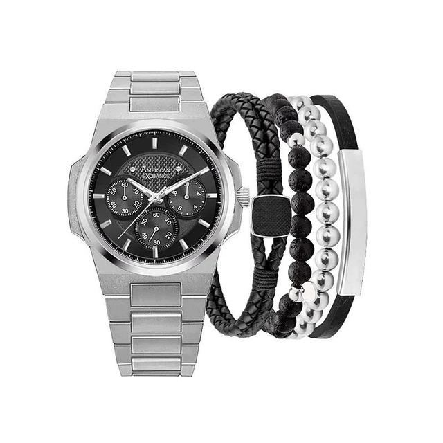 American Exchange Mens Silver Tone Chronograph Watch & 4-pc Stackable Bracelet Set Product Image