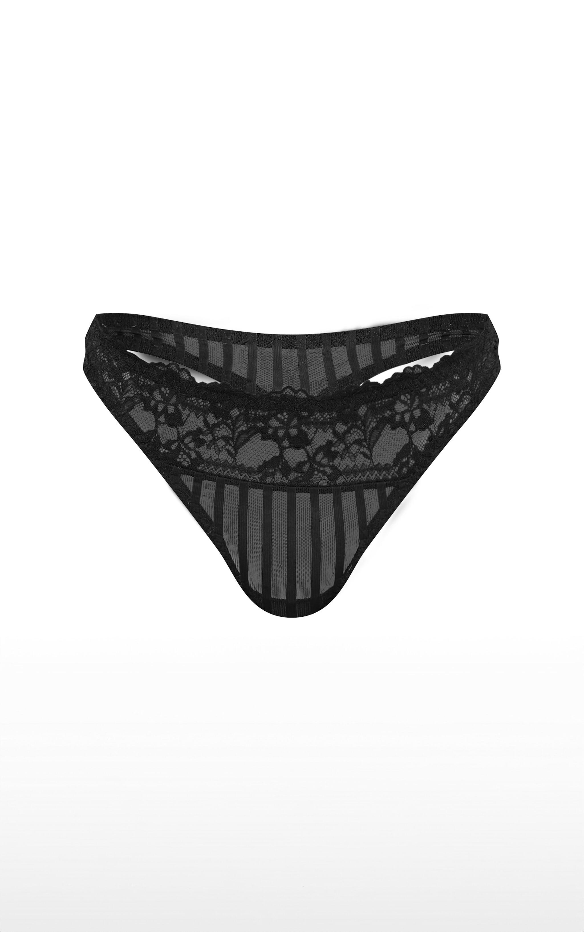 Black Mesh Stripe Thong Product Image