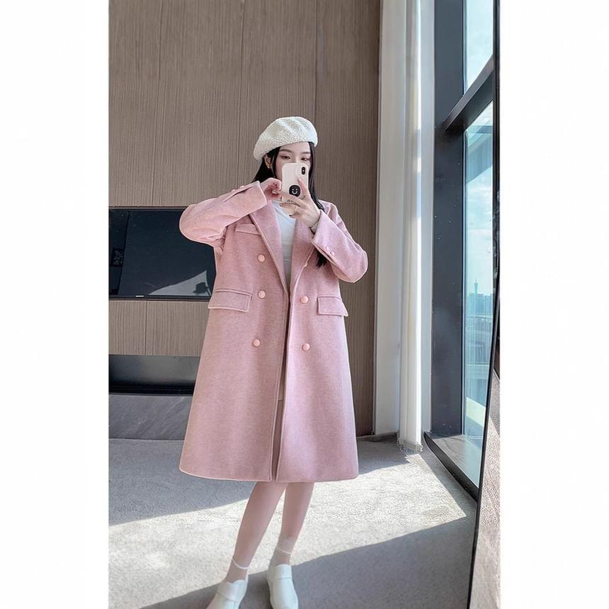 Lapel Collar Plain Double Breasted Long Coat Product Image