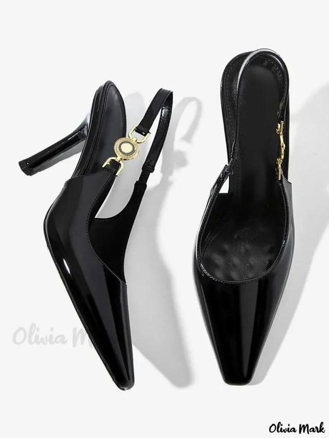 Olivia Mark – High-Quality Womens Slingback Heels: Elegant Black Pointed Toe Dress Shoes with Exquisite Rhinestone and Chain Details Product Image