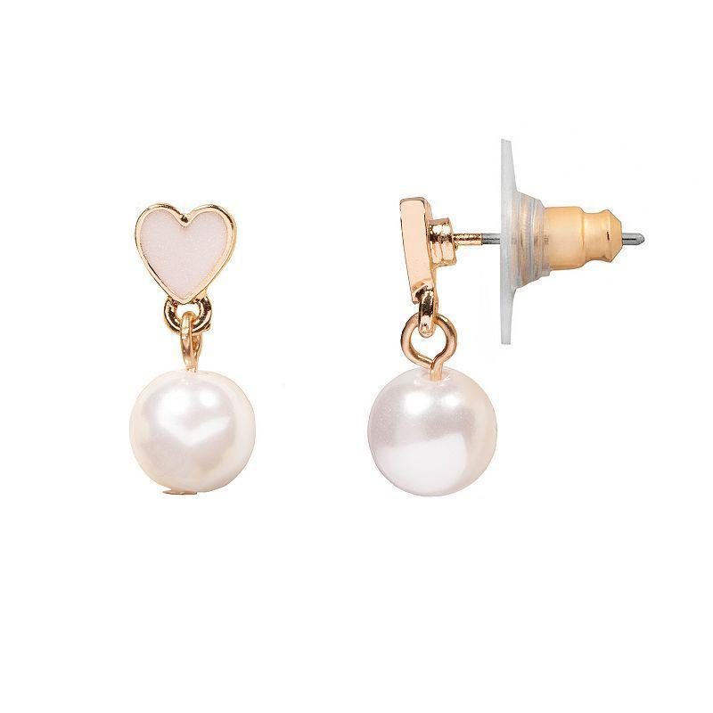 LC Lauren Conrad Simulated Pearl Heart Drop Earrings, Womens, Gold Tone Product Image