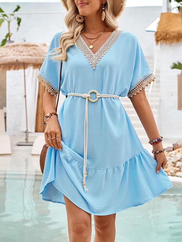 Short Sleeves Belted Split-Joint V-neck Mini Dresses Product Image