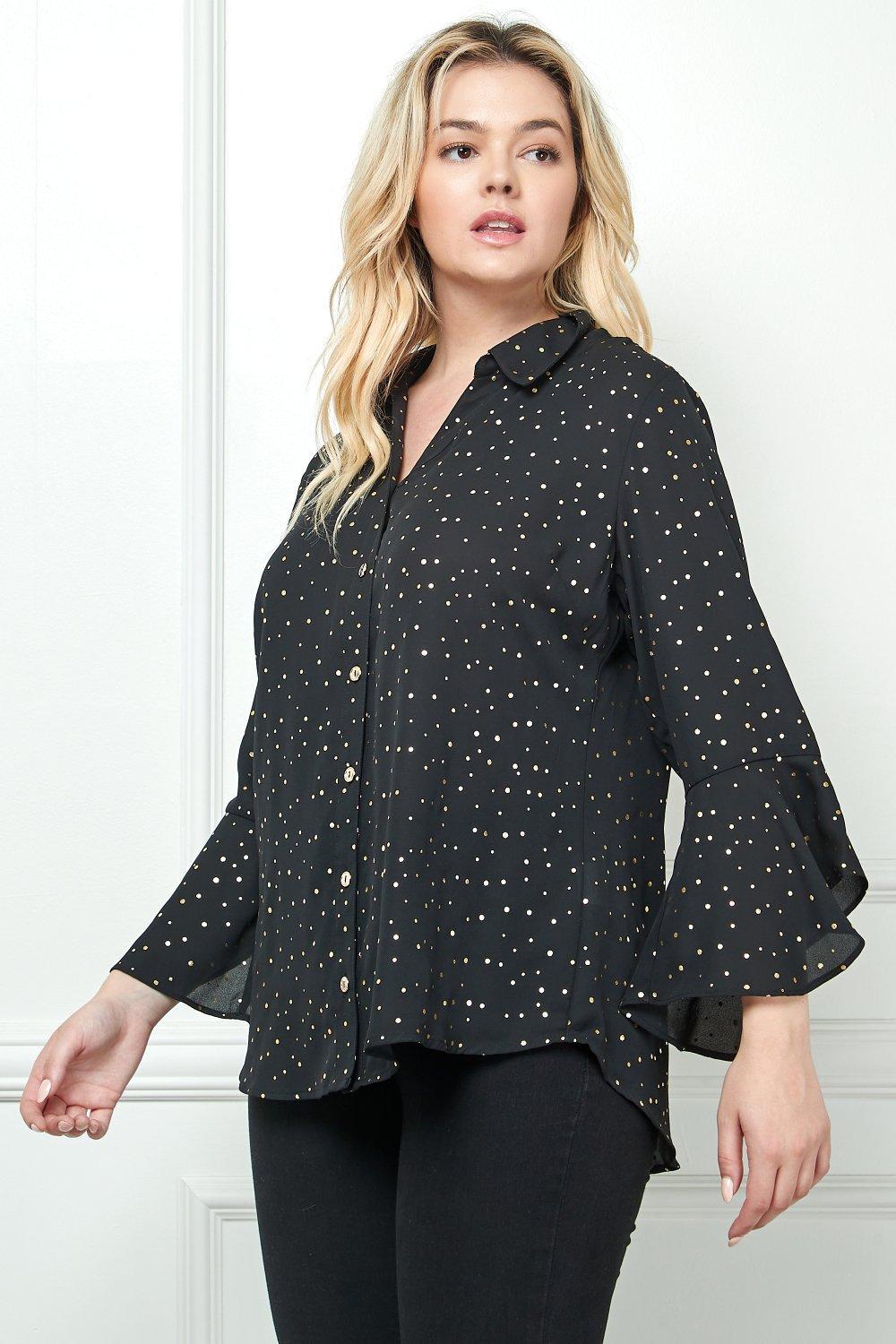 3/4 Length Ruffle Sleeve Button Front Blouse - Plus Product Image