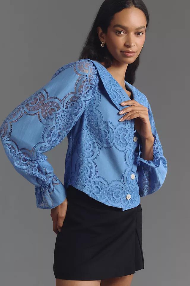 Maeve Long-Sleeve Collared Flower-Button Lace Blouse Product Image