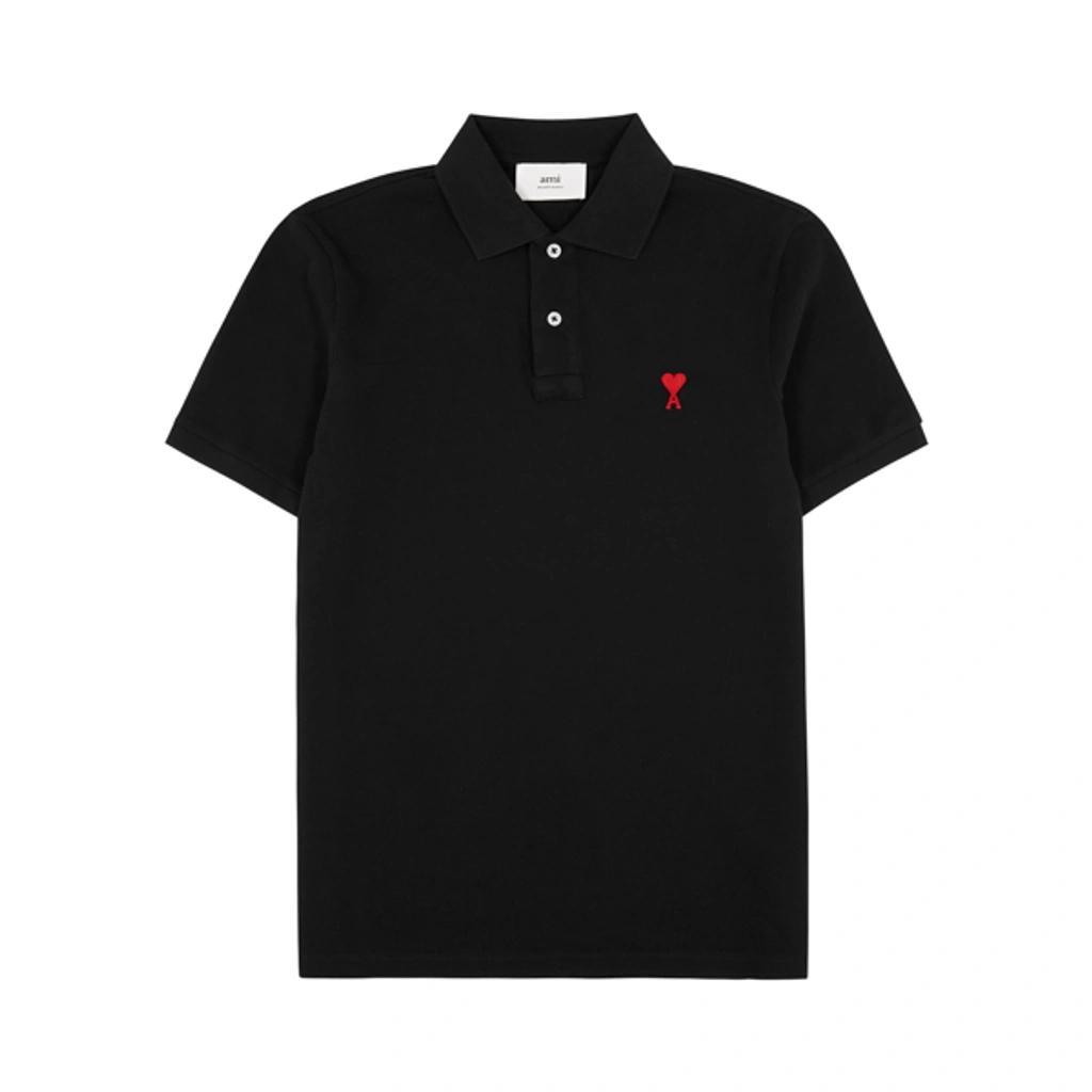 Ami Paris Ami De Coeur Logo Embroidered Polo Shirt In Black Product Image