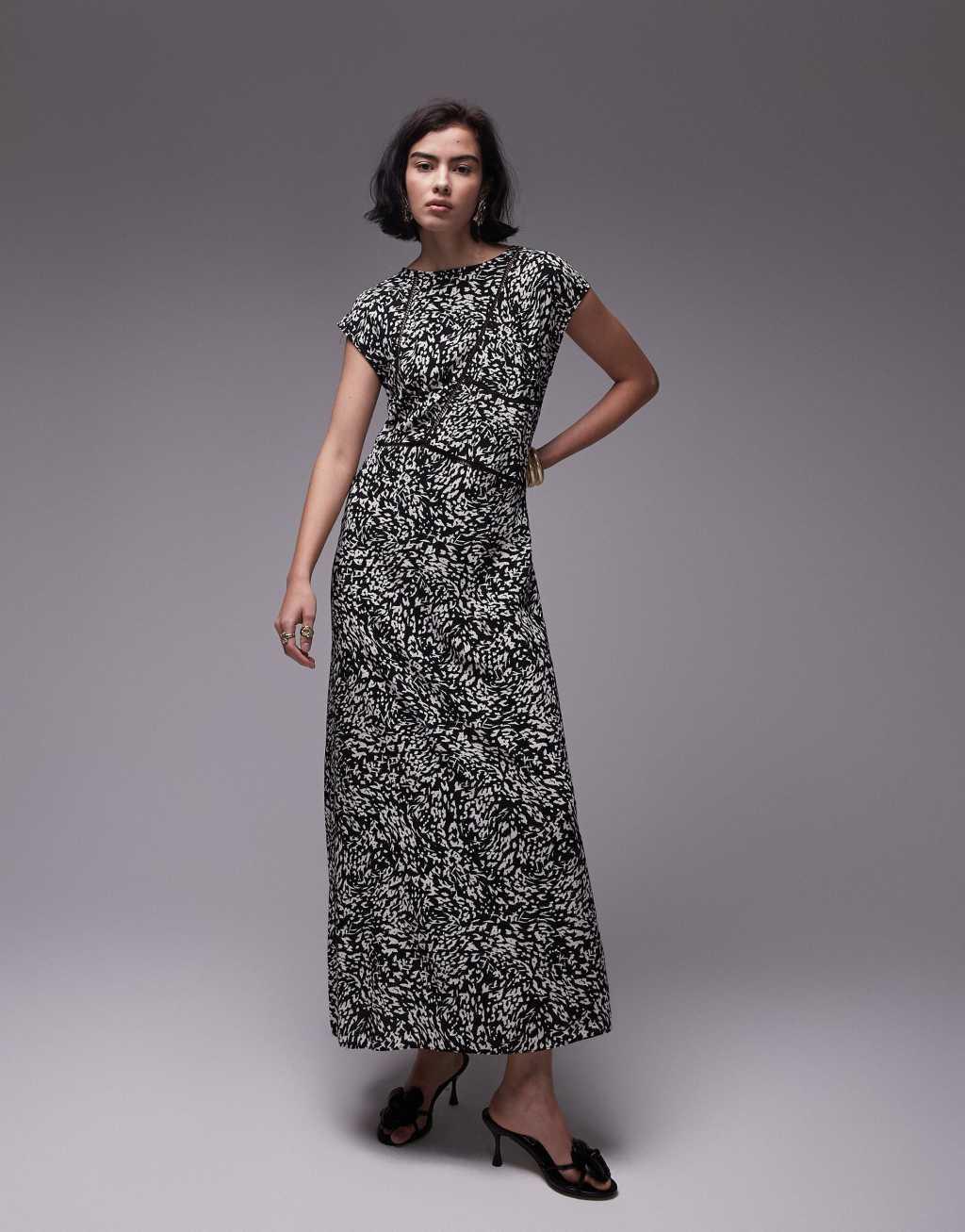 Topshop ladder trim column midi dress in mono animal print Product Image