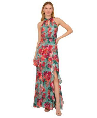 Adrianna Papell Womens Printed Ruffled Mermaid Gown Product Image