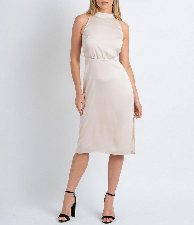 Sam Edelman Hammered Satin Mock Neck Sleeveless Tie Neck Midi Dress Product Image