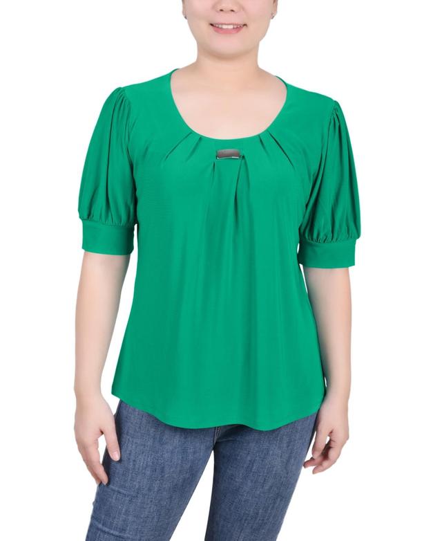 NY Collection Petite Puff Sleeve Pleated Front Blouse -BLUE Product Image