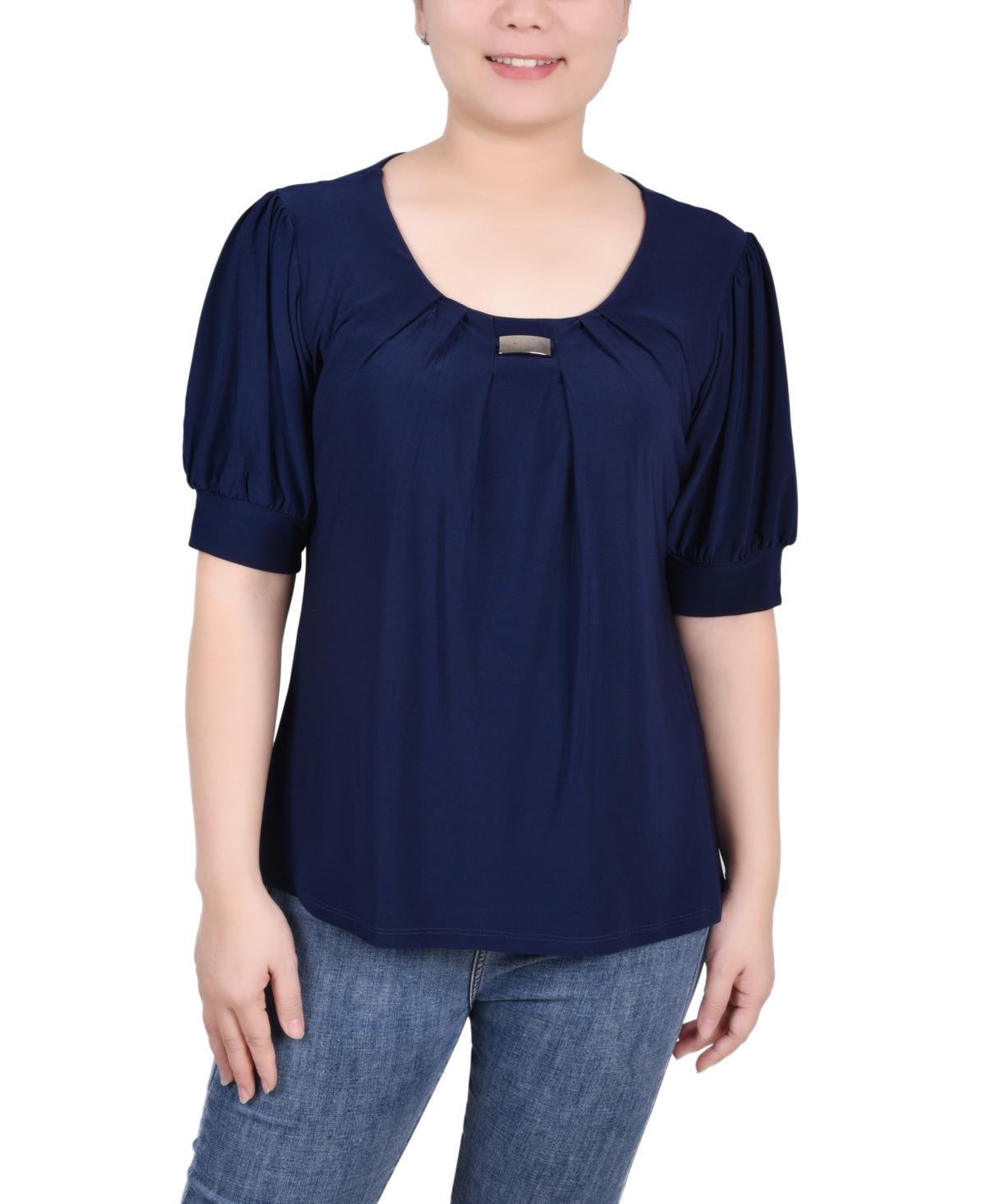 NY Collection Petite Puff Sleeve Pleated Front Blouse -BLUE Product Image