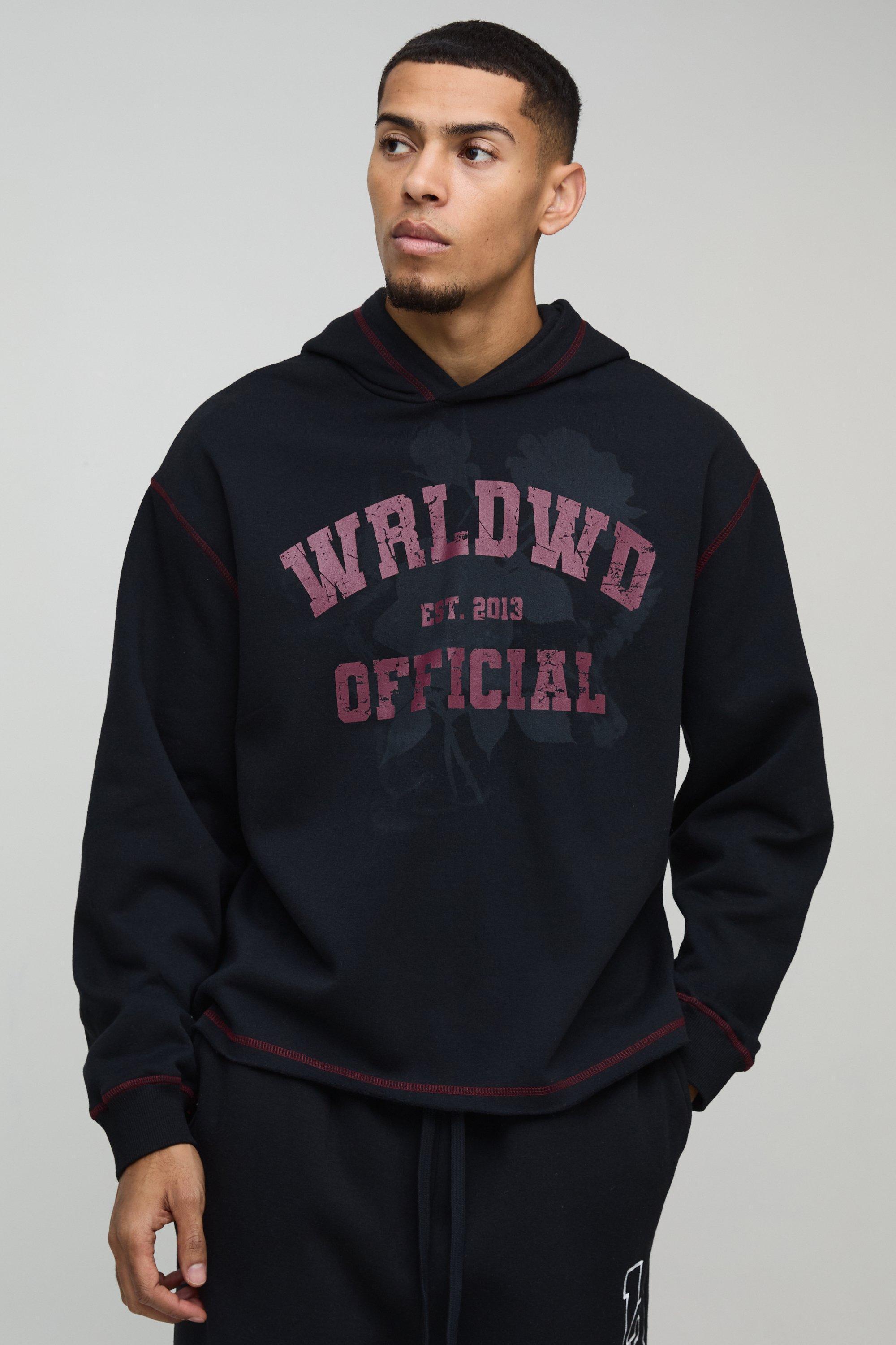 Oversized Boxy Varsity Worldwide Printed Raw Hem Hoodie | boohooMAN USA Product Image