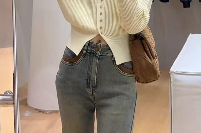 Long-Sleeve Round Neck Plain Ribbed Button Knit Top Product Image