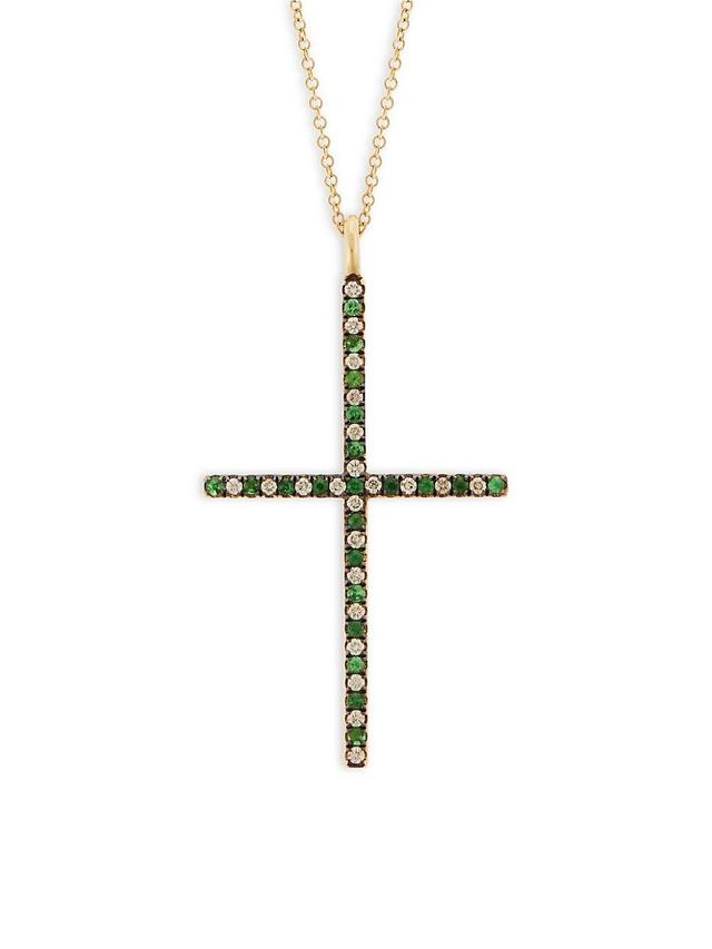 Womens 18K Yellow Gold, Tsavorite & Champagne Diamond Cross Pendant Necklace Product Image