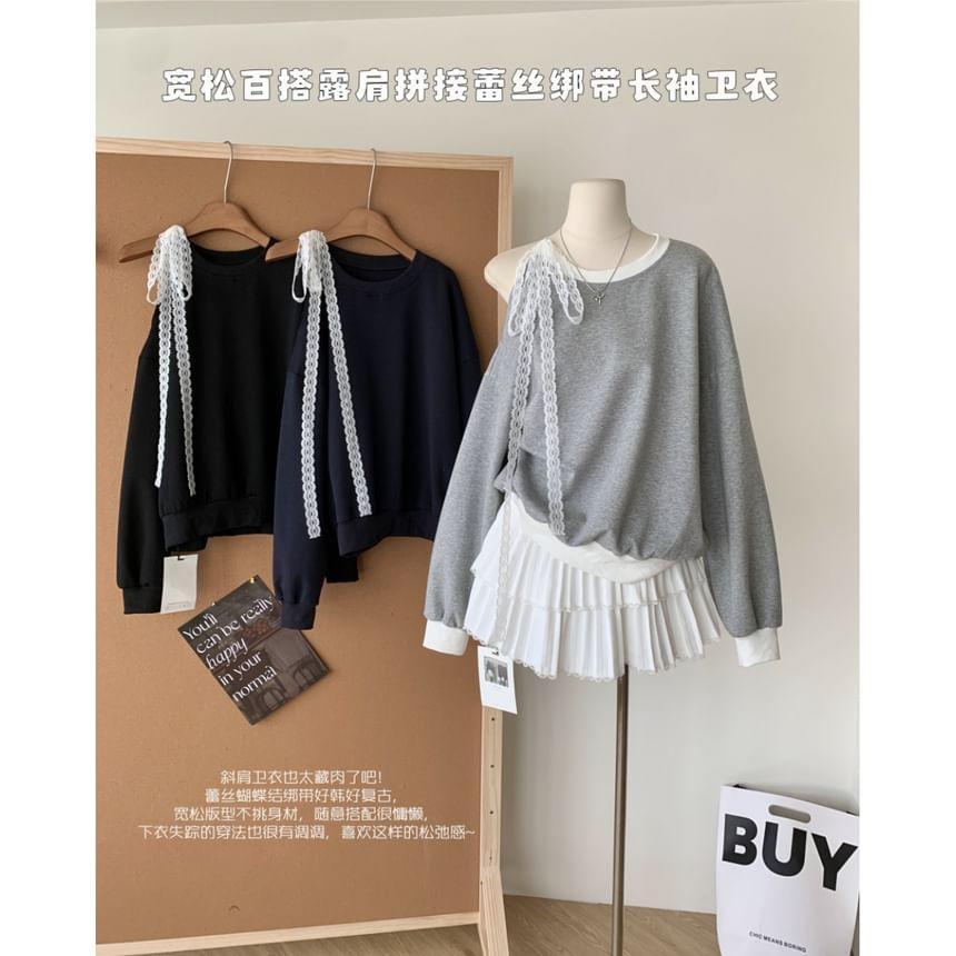 Cold Shoulder Bow Lace Sweatshirt Product Image