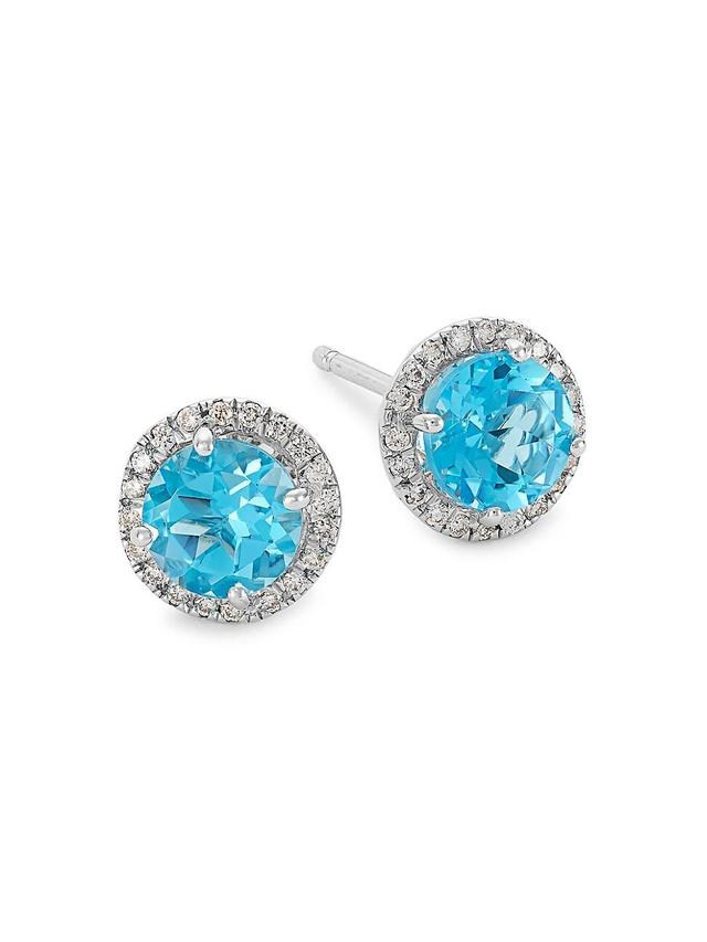 Womens 14K White Gold, Blue Topaz, & 0.16 TCW Diamond Halo Stud Earrings Product Image