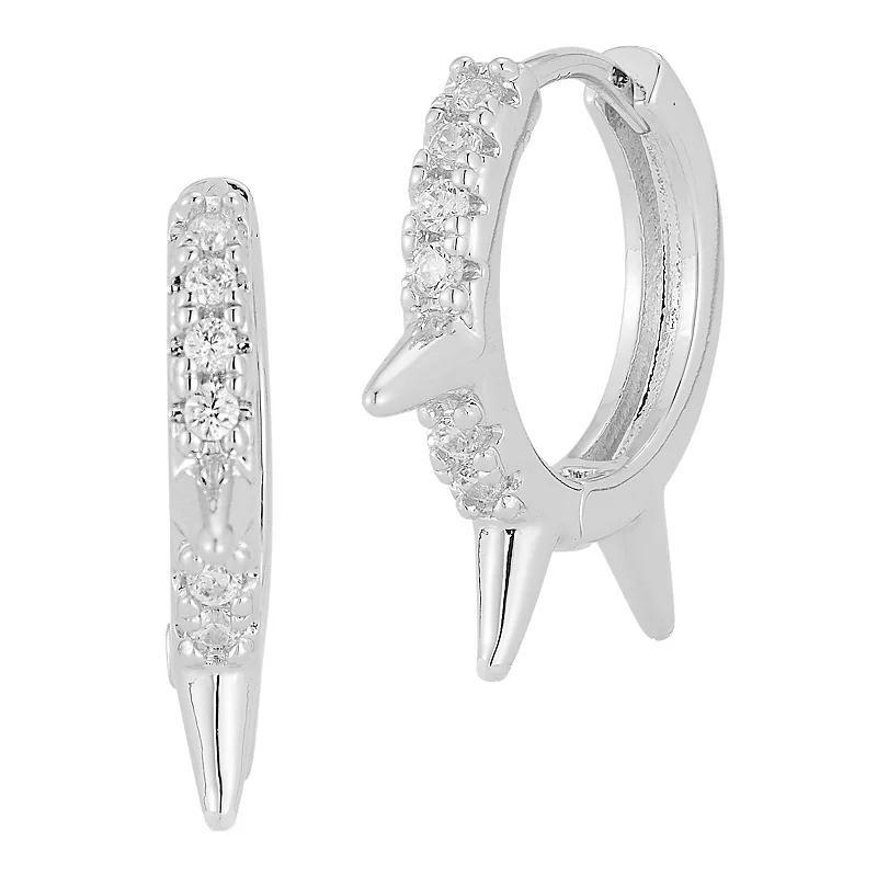 Cubic Zirconia Spiked Huggie Hoop Earrings, Womens, Silver Tone Product Image