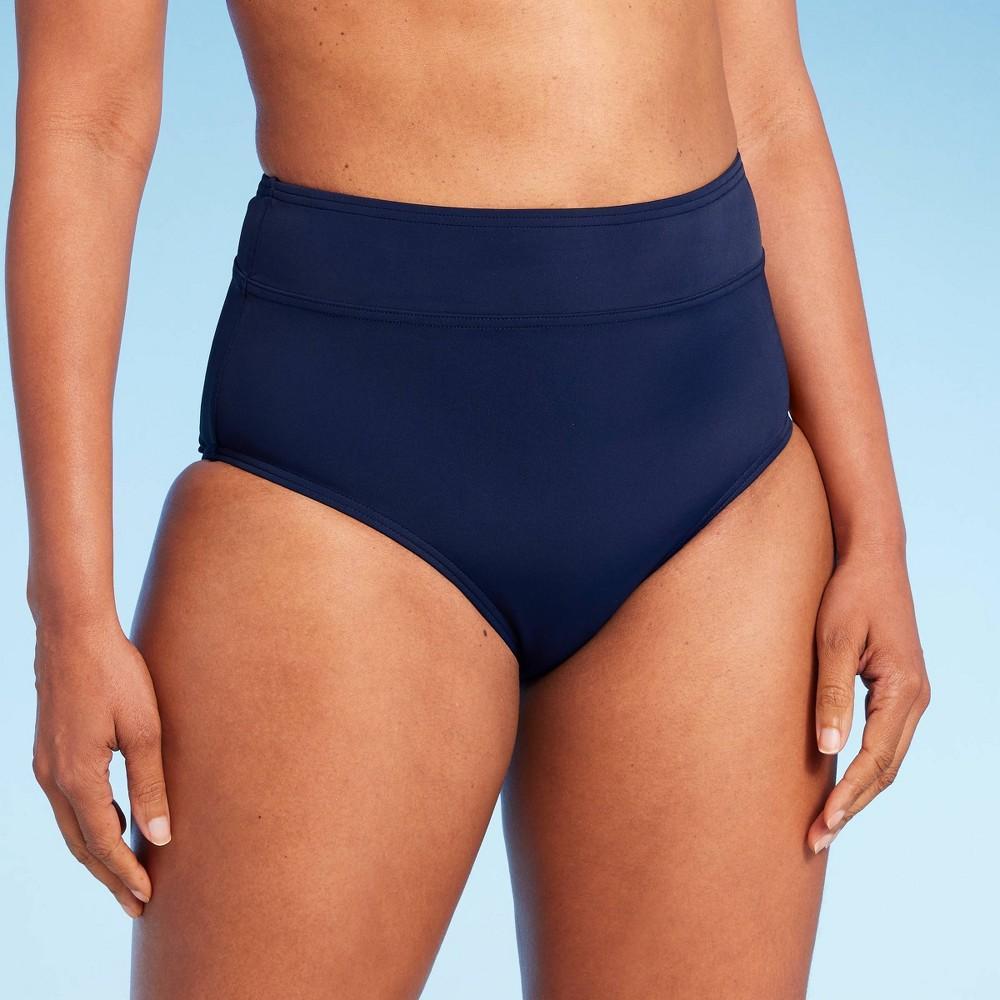 Lands End Womens UPF 50 Full Coverage Tummy Control High Waist Bikini Bottom - Navy Blue L Product Image