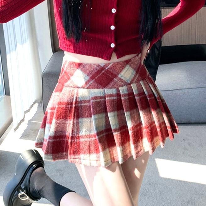 High Rise Plaid Slit Pleated Mini A-Line Skirt Product Image