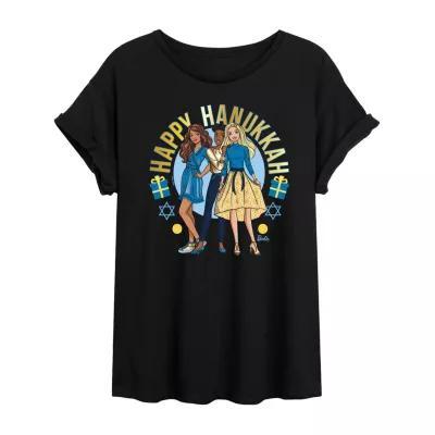 Juniors Barbie Happy Hanukkah Tee Womens Scoop Neck Short Sleeve Barbie Graphic T-Shirt Product Image