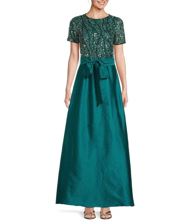 Pisarro Nights Rayon Mesh Beaded Sequin Boat Neck Short Sleeve Tie Waist Taffeta Skirt Gown Product Image