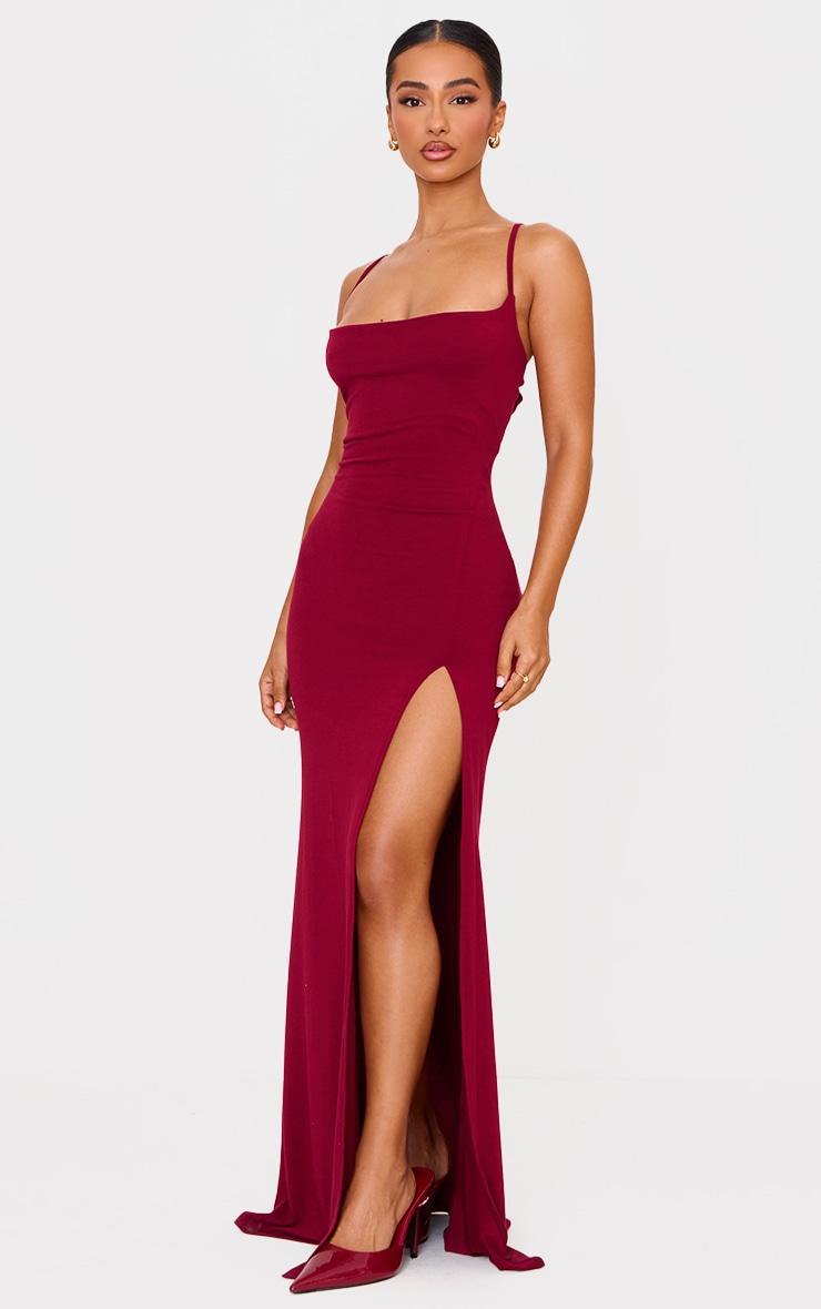 Petite Burgundy Contour Jersey Cowl Neck Split Detail Maxi Dress Product Image