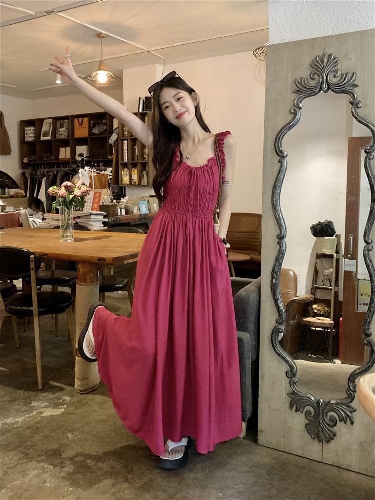 Ruffle Neckline Sleeveless Solid Maxi Dress Product Image