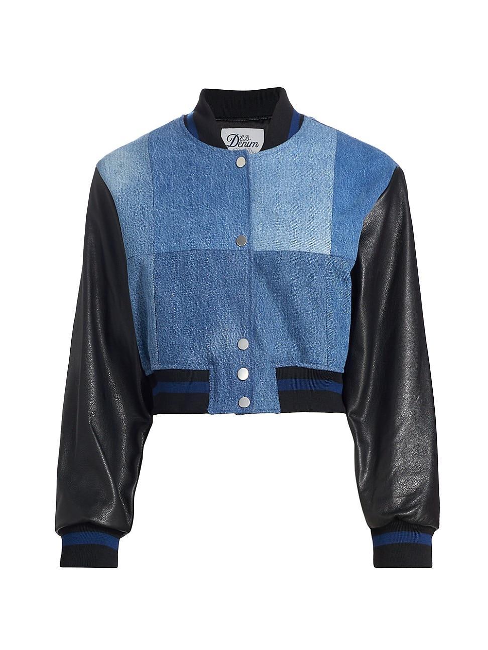 Womens Denim & Leather Crop Varsity Jacket Product Image