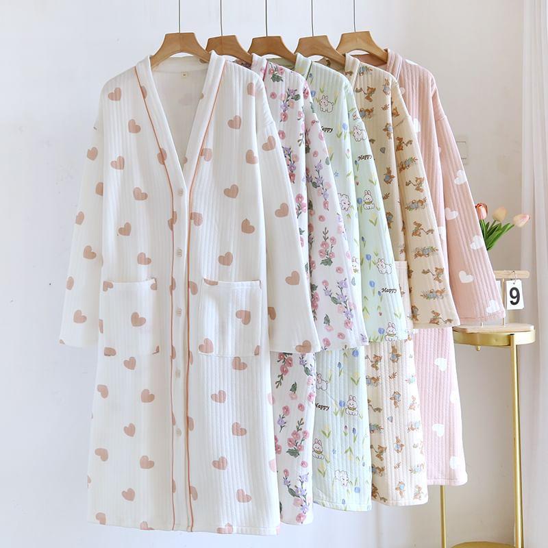 V-Neck Print Long Pajama Robe Product Image