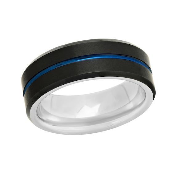 Men's 8.0mm Satin Groove Comfort-Fit Engravable Wedding Band in Stainless Steel with Black and Blue IP (1 Line) Product Image