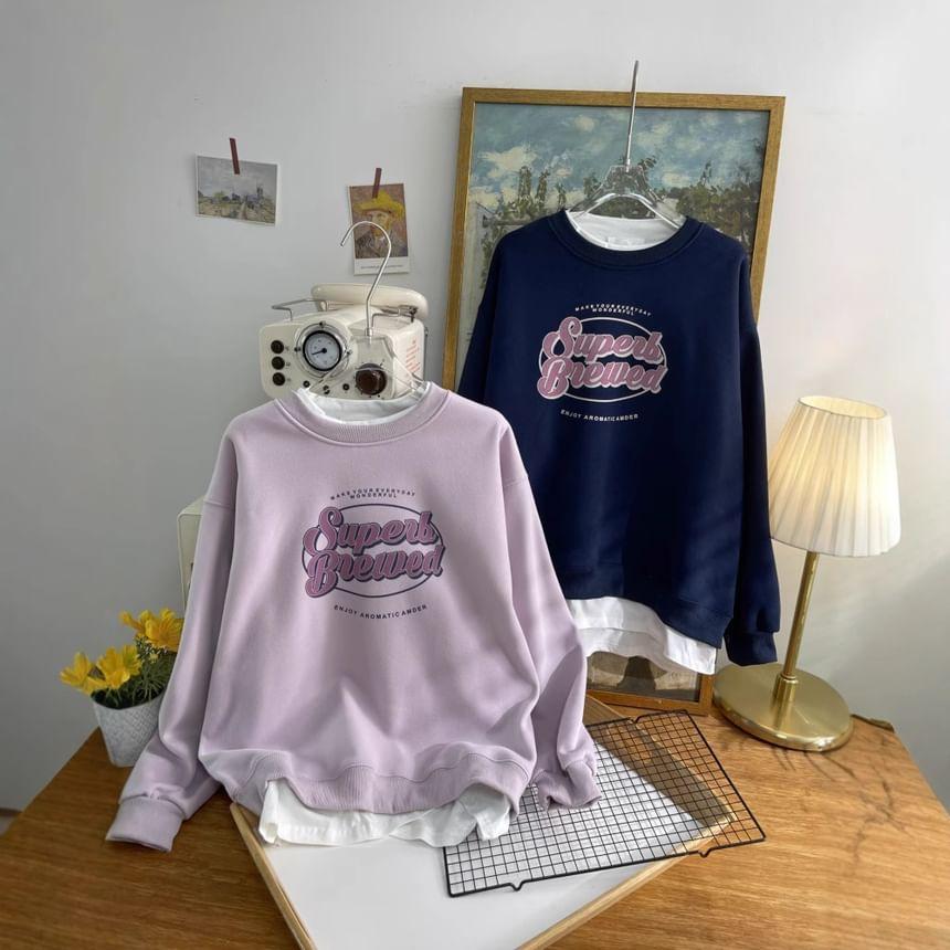 Drop Shoulder Round Neck Lettering Mock Two Piece Sweatshirt Product Image