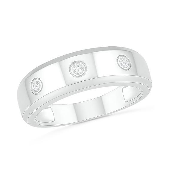 Men's 1/15 CT. T.w. Diamond Three Stone Station Wedding Band in 10K White Gold Product Image