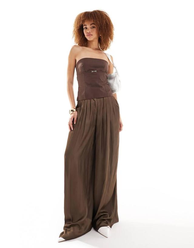 Lioness satin palazzo pants in brown Product Image