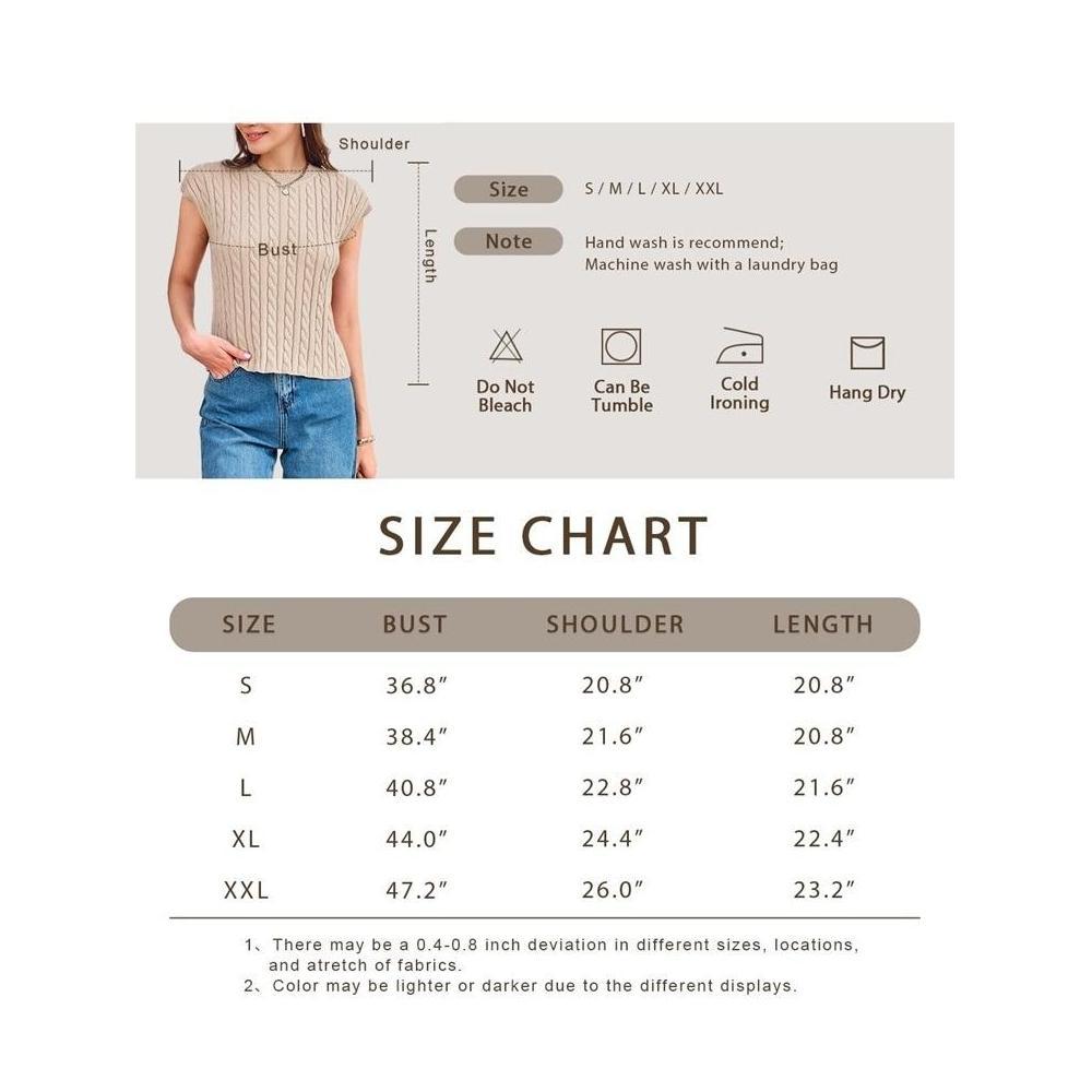 Women's Cap Sleeve Cropped Sweater Vest Casual Loose Crewneck Pullover Sweater Crop Tops Cable Knit Sweater Summer Sleeveless Tops - Light Brown,XL Product Image