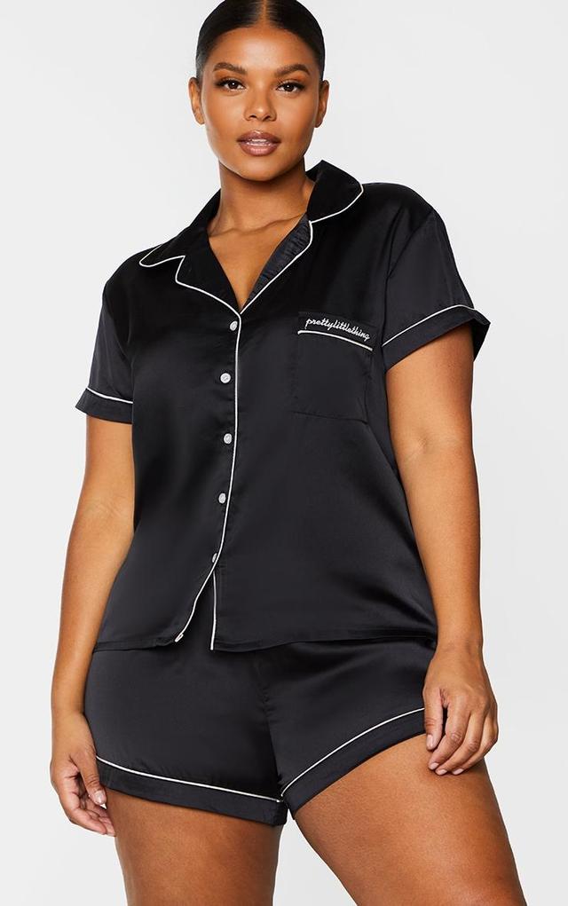 PRETTYLITTLETHING Plus Black Satin Pocket PJ Set Product Image