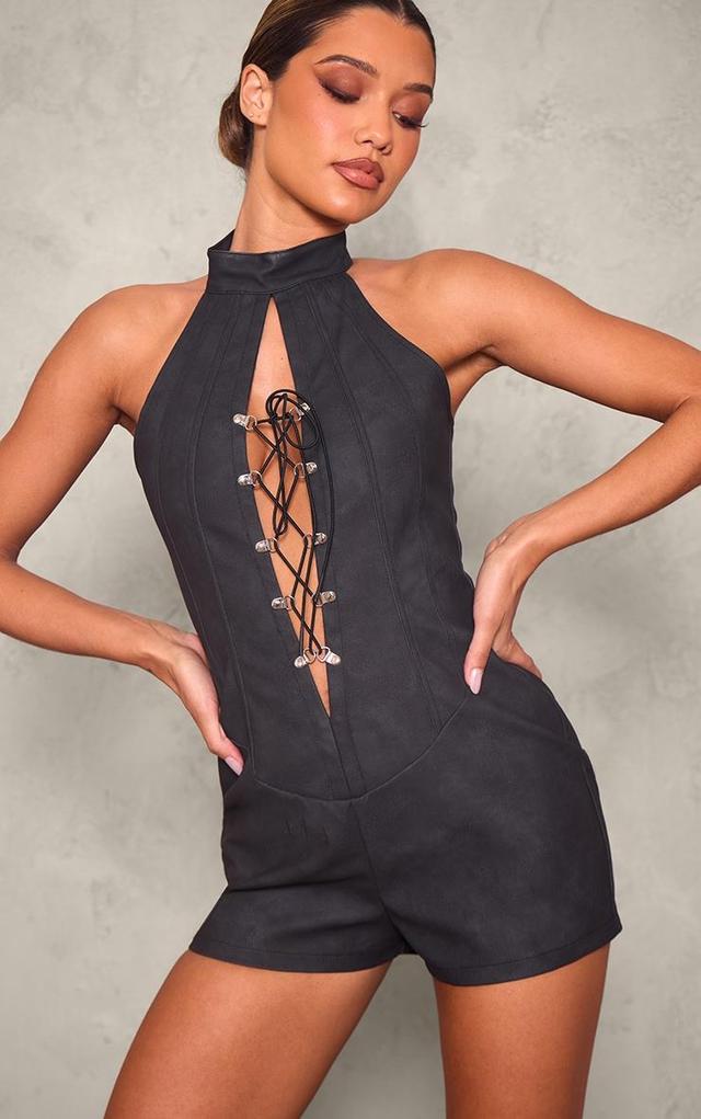 Black Faux Leather Lace Up Halterneck Romper Product Image