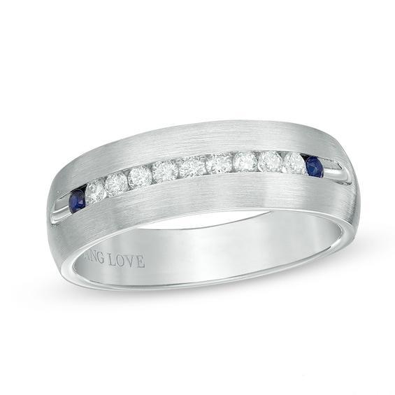 Vera Wang Love Collection Men's 1/4 CT. T.w. Diamond and Blue Sapphire Wedding Band in 14K White Gold Product Image