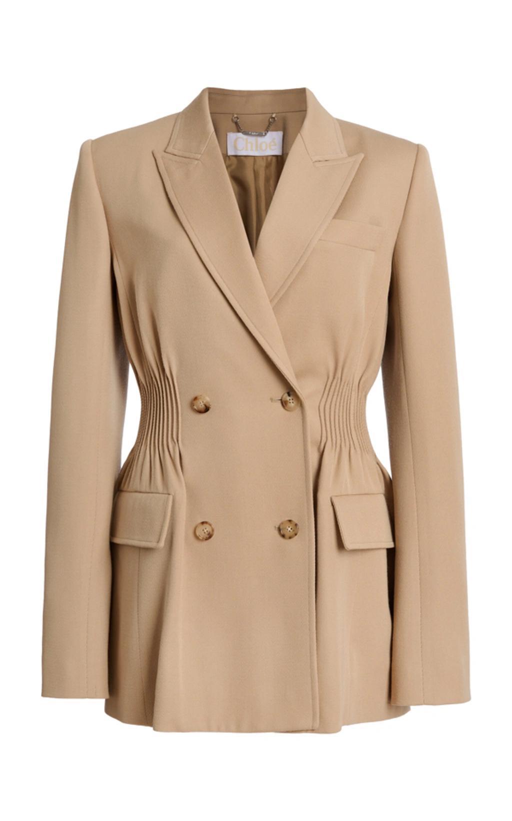 Shirred Double-breasted Wool Gabardine Blazer In Beige Product Image