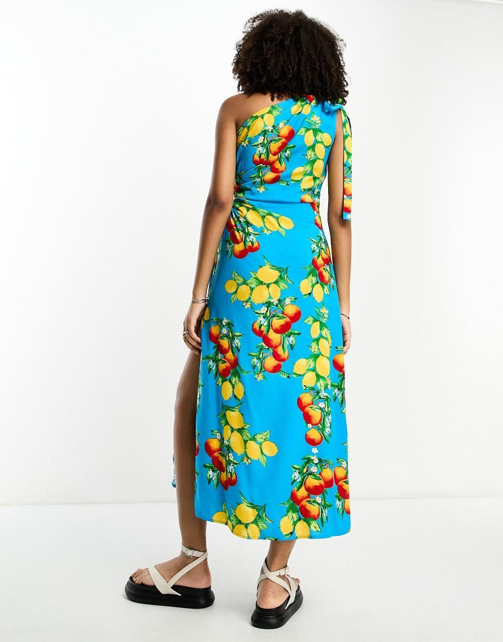 ASOS DESIGN one shoulder cut out midi dress in blue fruit print Product Image