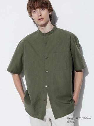 Mens Stand Collar Short Sleeve Shirt Olive XS UNIQLO US Product Image