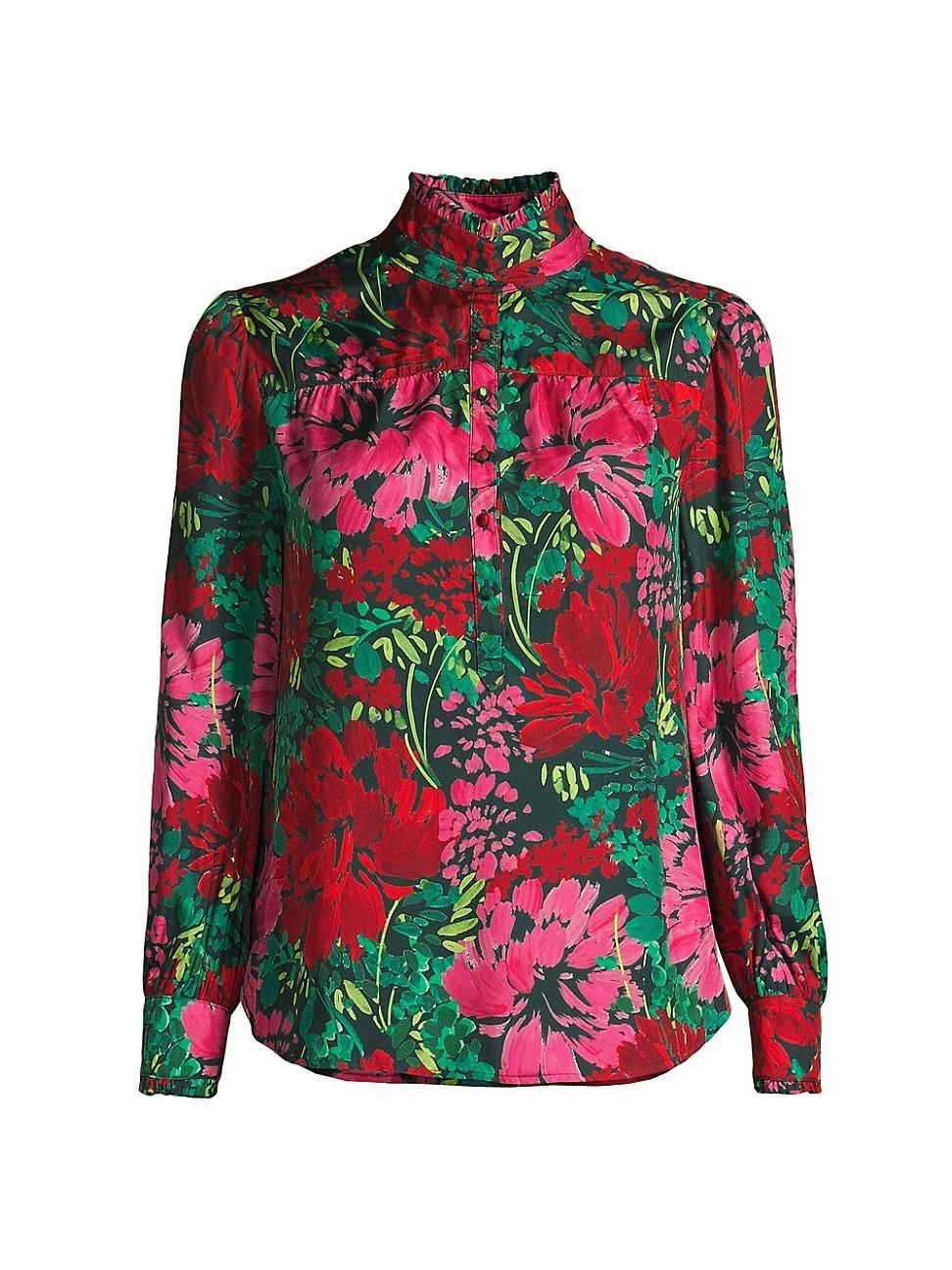 Womens Floral Silk Ruffle-Collar Blouse Product Image