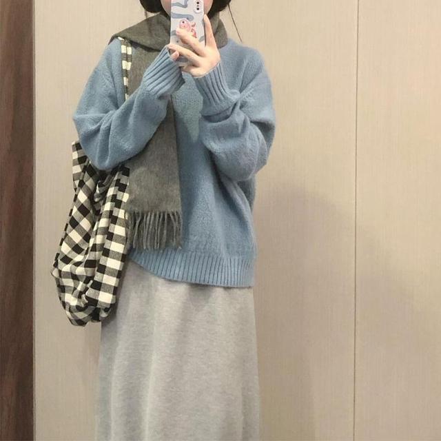 Set: Long-Sleeve Round Neck Plain Sweater + High Rise Midi A-Line Skirt Product Image