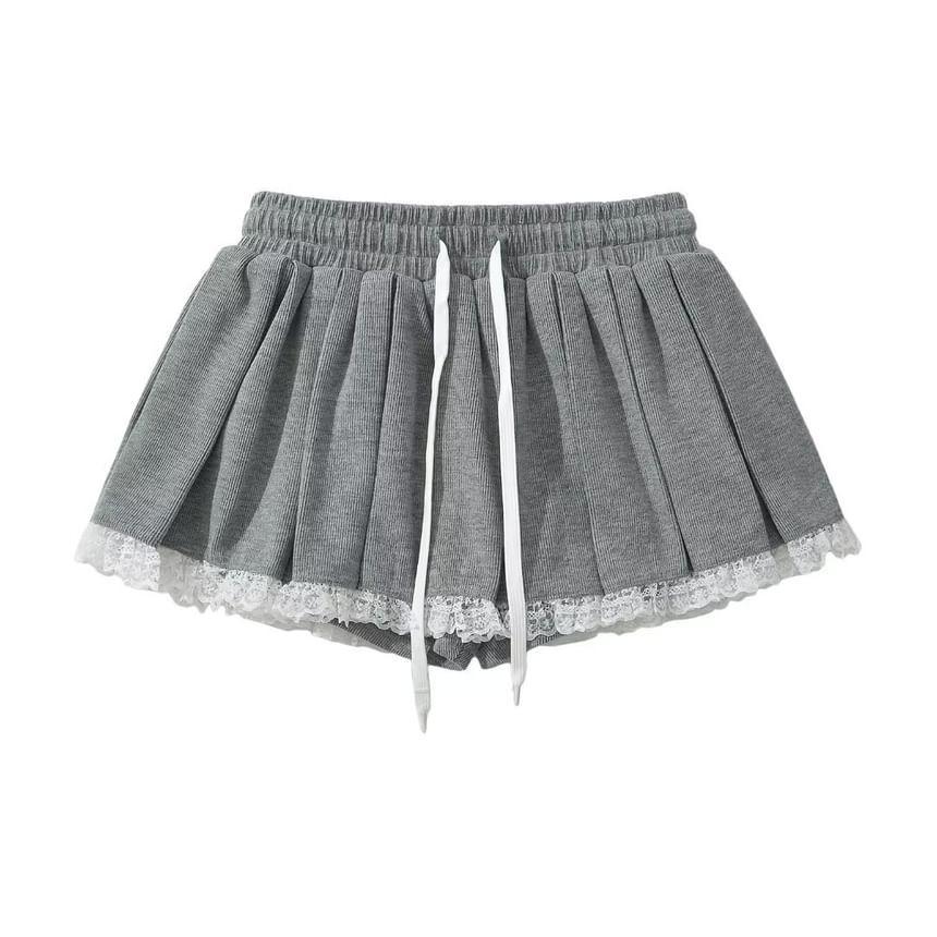 Long-Sleeve Square-Neck Lace Trim Bow Tee / High Waist Pleated Mini A-Line Skirt Product Image