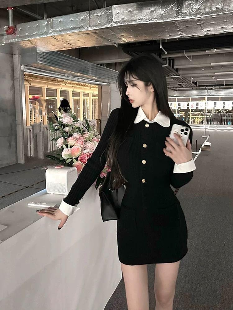 Mock Two-Piece Long-Sleeve Collar Two Tone Button Mini Sheath Dress Product Image