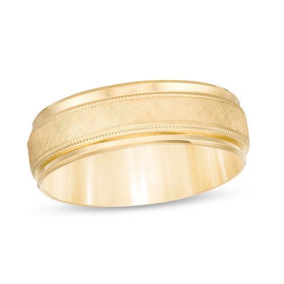 Men's 7.0mm Multi-Finish Center Stripe Beveled Edge Comfort-Fit Wedding Band in 10K Gold - Size 10 Product Image