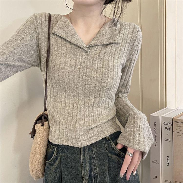 Long-Sleeve Collar Plain Ribbed Knit Top Product Image