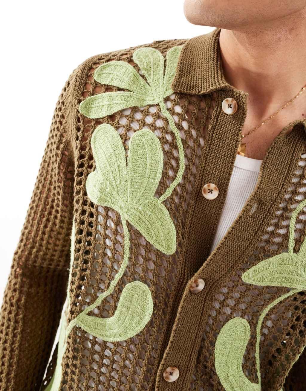 ASOS DESIGN knit crochet button up collar cardigan in khaki with floral embroidery Product Image